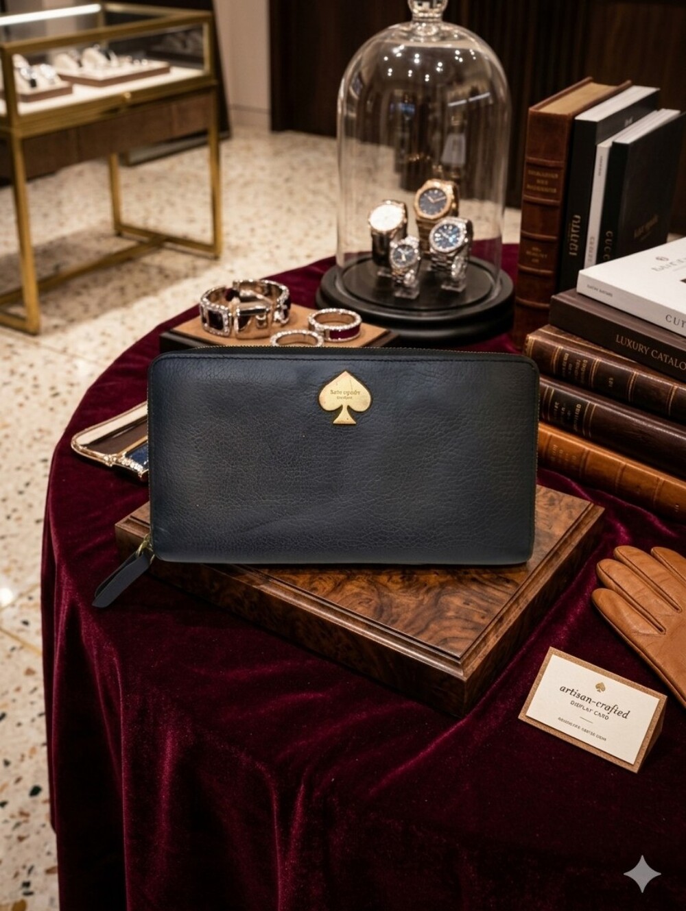 kate spade black leather zip-around wallet with gold spade logo